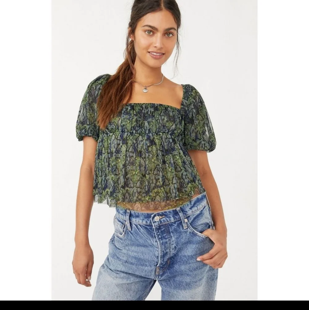 Free People Green Navy Floral Puff Sleeve Peplum Blouse